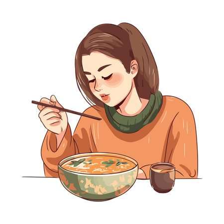 A cute young adult eating soup in a cozy kitchenのイラスト素材