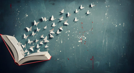Open book with flying paper stars on grunge background. Education conceptの素材