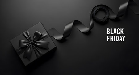 Black Friday sale banner. Black gift box with black ribbon and bow on black background. 3D illustrationの素材