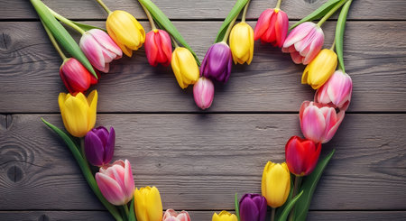 Colorful tulips on wooden background. Top view with copy spaceの素材