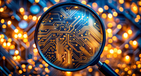 Magnifying glass on electronic circuit board background. Electronic computer hardware technology concept.の素材