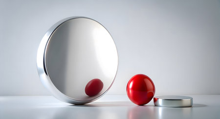 3d rendering of a white podium with a red ball on a white backgroundの素材