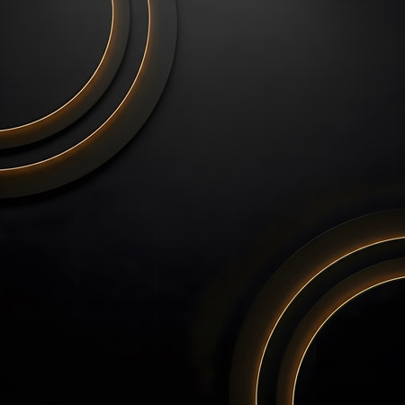 Abstract dark black background with glowing golden circles. 3d render illustrationの素材