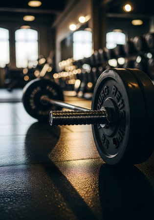 Dumbbells on a floor in a gym. Selective focus.の素材