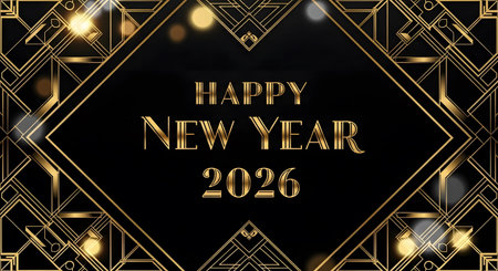 Happy New Year 2019 greeting card. Golden text on black background. Vector illustration.の素材
