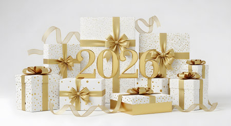 Happy New Year 2020. Gold and white gift boxes with gold ribbons. 3D renderingの素材