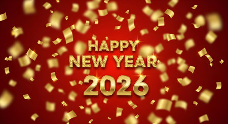 Happy New Year 2020 with golden confetti on red background. Vector illustration.の素材