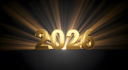 Happy New Year 2016. 3D rendering. Golden numbers on black background.の素材