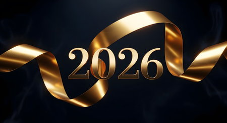 Happy New Year 2016. Golden 3d numbers on a dark background.の素材