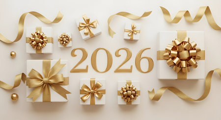 Happy New Year 2020 celebration greeting card with gift boxes and golden ribbon on white background. Top view, flat lay.の素材