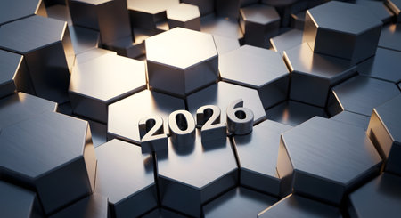 Happy New Year 2016. 3d render of metallic hexagonal backgroundの素材