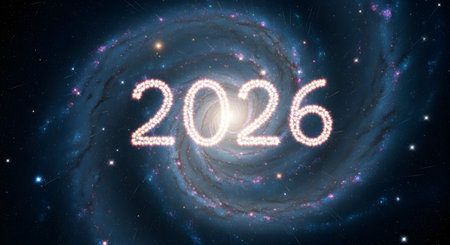 Happy New Year 2016. Numbers in the form of a spiral in space.の素材