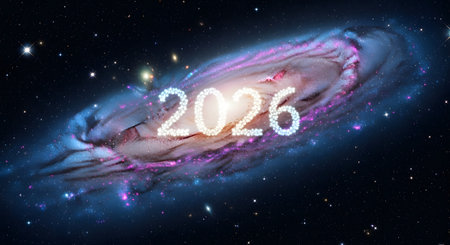 Happy New Year 2016. Colorful cosmic background. 3D renderingの素材