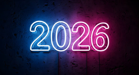 New year 2016 glowing neon sign on brick wall background. 3D renderingの素材