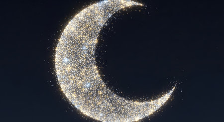 Glittering crescent moon starry sky. Ramadan kareem holiday celebration islamic element.の素材