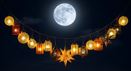 Islamic lanterns full moon. Festive Ramadan decoration light string.の素材