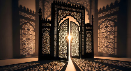 Islamic gate sun light. Ramadan kareem background islamic theme eid mubarak.の素材