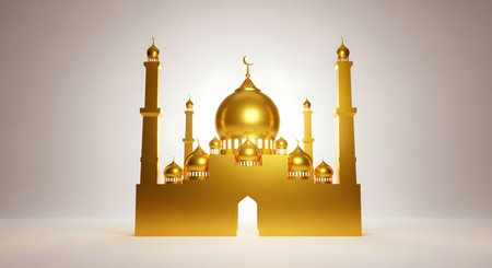 Golden mosque illustration. Elegant religious building design. Traditional arabian culture.の素材
