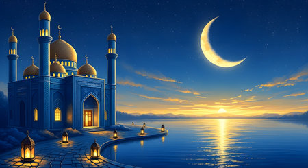 Mosque night crescent. Domes reflect on lake. Serene landscape art.の素材