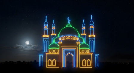 Neon mosque crescent moon. Night sky illustrates Islamic architecture.の素材