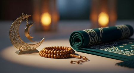 Islamic prayer set. Crescent moon decoration. Muslim worship ramadan.の素材