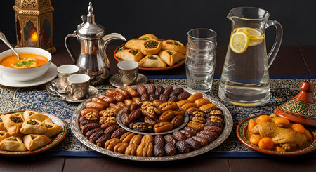 Ramadan iftar table. Dates, nuts, soup, teapot, dishes. Festive meal.の素材
