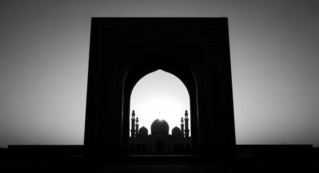 Mosque building silhouette. Islamic celebration behind arched gate and neutral background.の素材