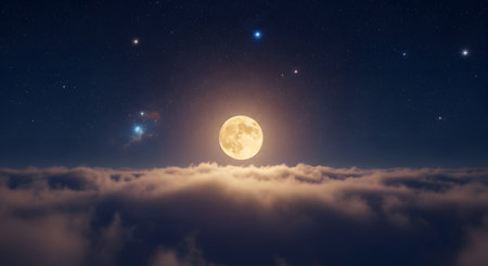 Peaceful glowing full moon over night clouds. Tranquil dreamy night skyの素材