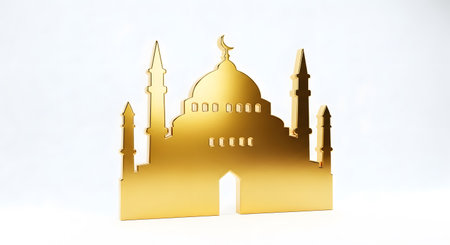 Golden mosque silhouette. Shiny metal model. Symbol islamic faith.の素材