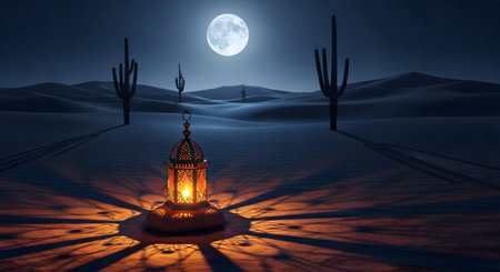 Desert night scene. Lantern under full moon. Cacti with sand dunes.の素材