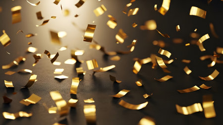 Falling gold confetti. Festive and luxurious touch. Events and awards background.の素材