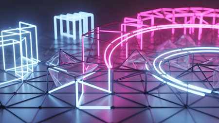 Neon glowing shapes. Tech gaming background. Dark reflective surface.の素材