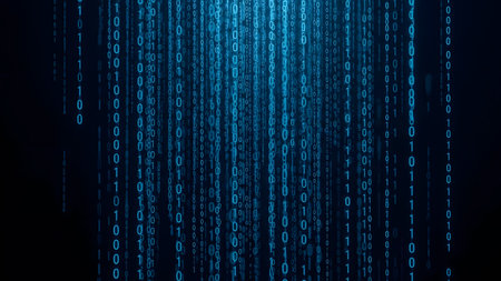 Digital rain binary code with blue hue data flow abstract.の素材