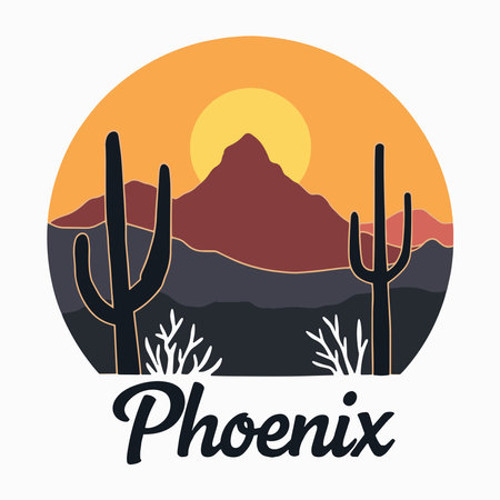 A silhouette of Camelback Mountain featuring towering cacti in the foreground, capturing the beauty of the southwestern landscapeのイラスト素材