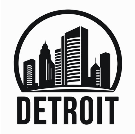 A stylish circular emblem design showcasing Detroit iconic Renaissance Center, highlighting the city's modern architecture and skyline in a clean, symbolic representationのイラスト素材