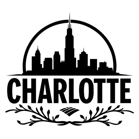 Detailed silhouette of the Bank of America Tower complemented by the Charlotte skyline, ideal for urban artwork, city branding, and North Carolina landmarks with a modern architectural touch.のイラスト素材