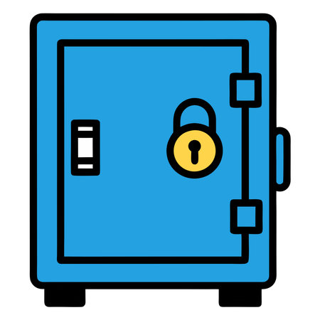 A safe with bold black outlines and a blue lock icon representing secure storage, cybersecurity, and data privacy. Ideal for protection themes and digital safety concepts.のイラスト素材