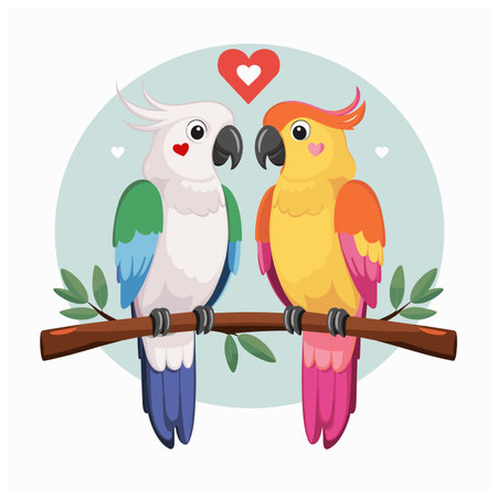 Cockatoo parrot sitting on brunch. Colorful exotic bird with orange crest in cartoon style illustration on white background.のイラスト素材
