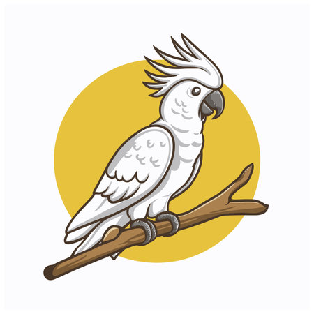 Cockatoo parrot sitting on brunch. Colorful exotic bird with orange crest in cartoon style illustration on white background.のイラスト素材