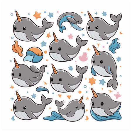 Cute and adorable cartoon narwhal vector white backgroundのイラスト素材