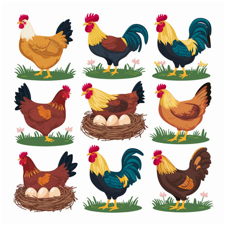 Chickens set vector illustration in Color. Brown and white Hen and Rooster. Male and female chickensのイラスト素材