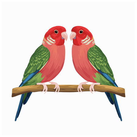 Cute lovebirds couple standing on a tree branch white backgroundのイラスト素材
