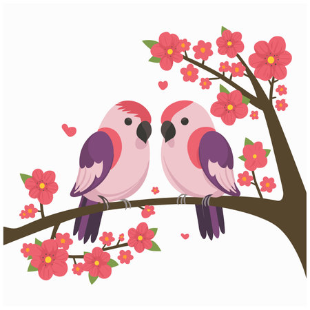 Cute lovebirds couple standing on a tree branch white backgroundのイラスト素材