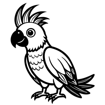 Cartoon cockatoo isolated on white background in black and whiteのイラスト素材