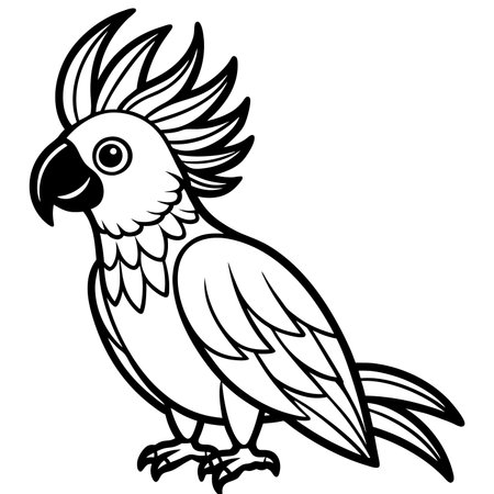 Cartoon cockatoo isolated on white background in black and whiteのイラスト素材