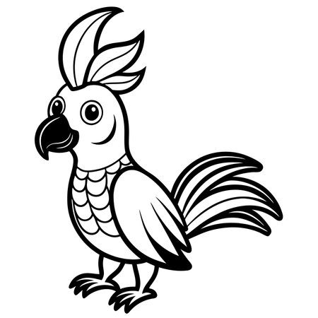Cartoon cockatoo isolated on white background in black and whiteのイラスト素材