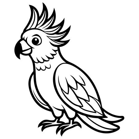 Cartoon cockatoo isolated on white background in black and whiteのイラスト素材