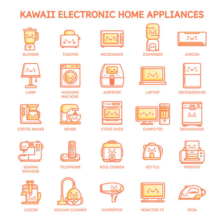 Household appliances cute kawaii icon set. Electronic equipment simple vector illustration.のイラスト素材