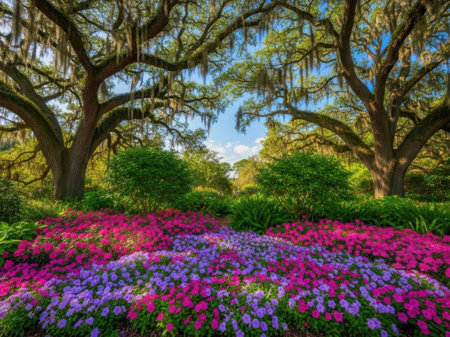 A serene garden scene featuring massive oak trees with sprawling branches and Spanish moss hanging down. Beneath the trees, a lush carpet of colorful flowers in shades of pink, purple, and blue adds a vibrant contrast to the green foliage.の素材