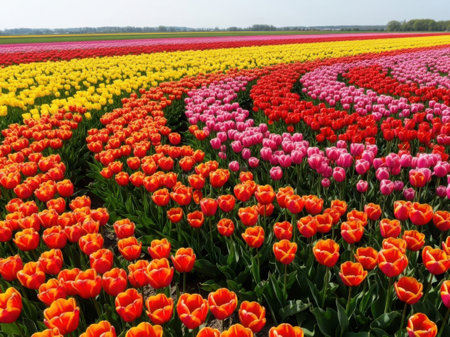 A stunning landscape of tulip fields showcasing a variety of colors including red, orange, yellow, and pink. The flowers are arranged in intricate patterns, creating a mesmerizing visual effect. The fields stretch out under a clear sky, capturing the beauty of nature in full bloom.の素材